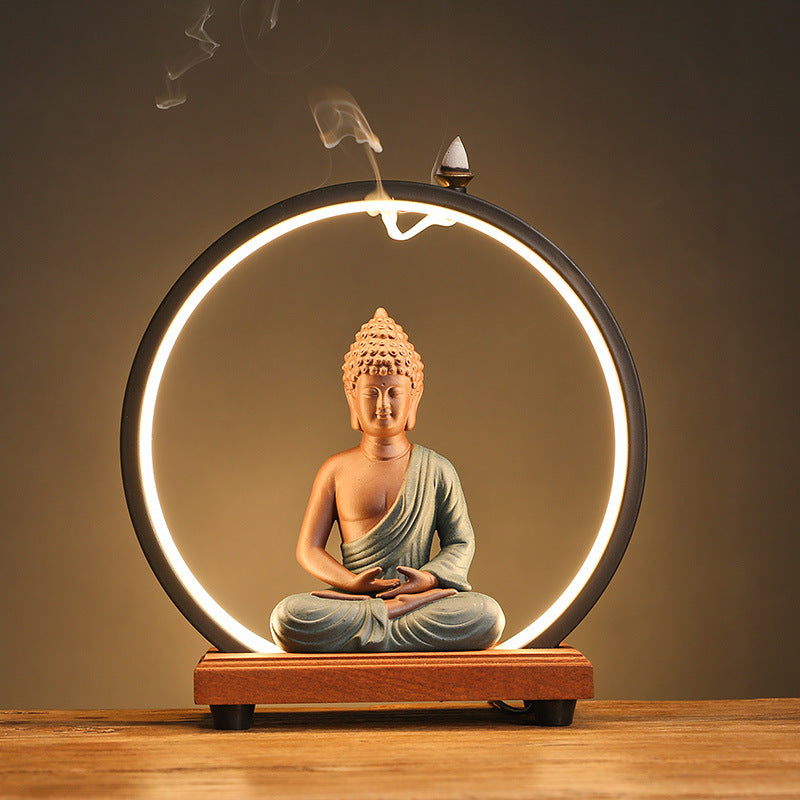 Illuminated Buddha Backflow Incense Burner with LED Halo – Serene Aromatherapy and Meditation Decor