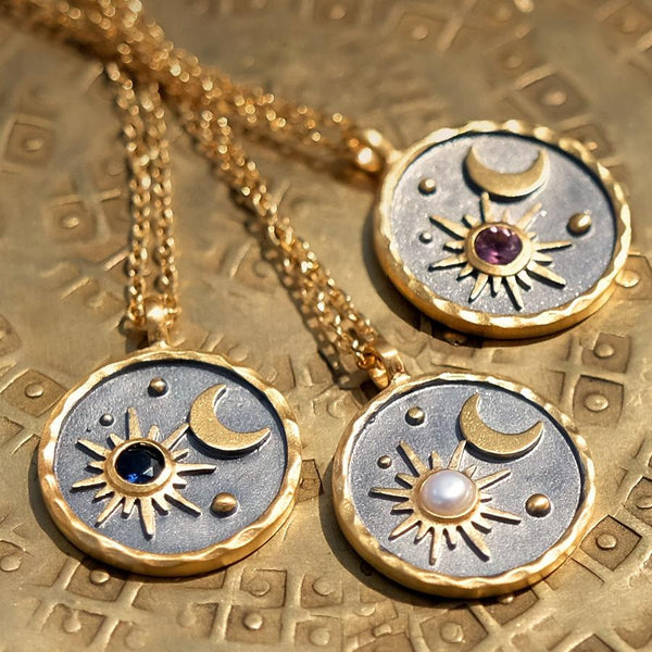 Sun and Moon Celestial Necklace Collection – Gold-Plated Cosmic Pendant with Gemstone Accent