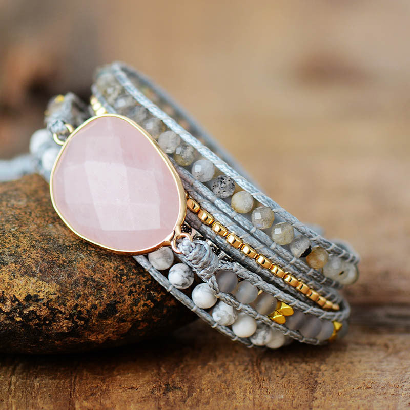 Rose Quartz and Gray Agate Wrap Bracelet for Love, Healing, and Inner Peace