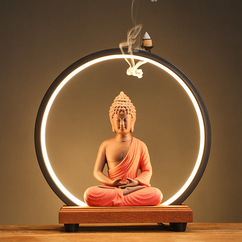 Illuminated Buddha Backflow Incense Burner with LED Halo – Serene Aromatherapy and Meditation Decor