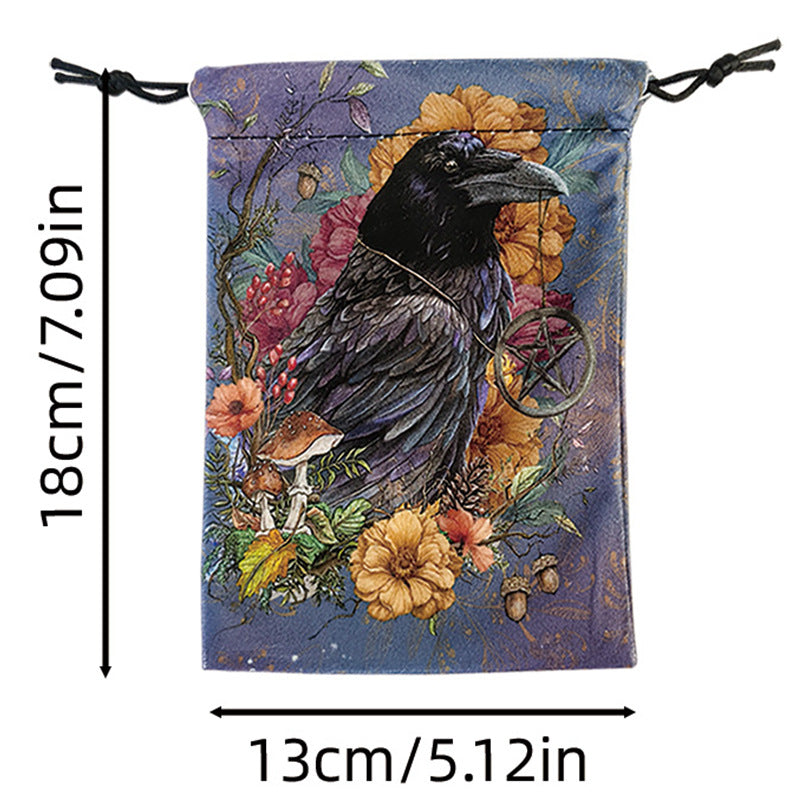 Mystical Raven Tarot and Rune Drawstring Pouch – Enchanting Velvet Bag for Spiritual Tools, Crystals, and Cards