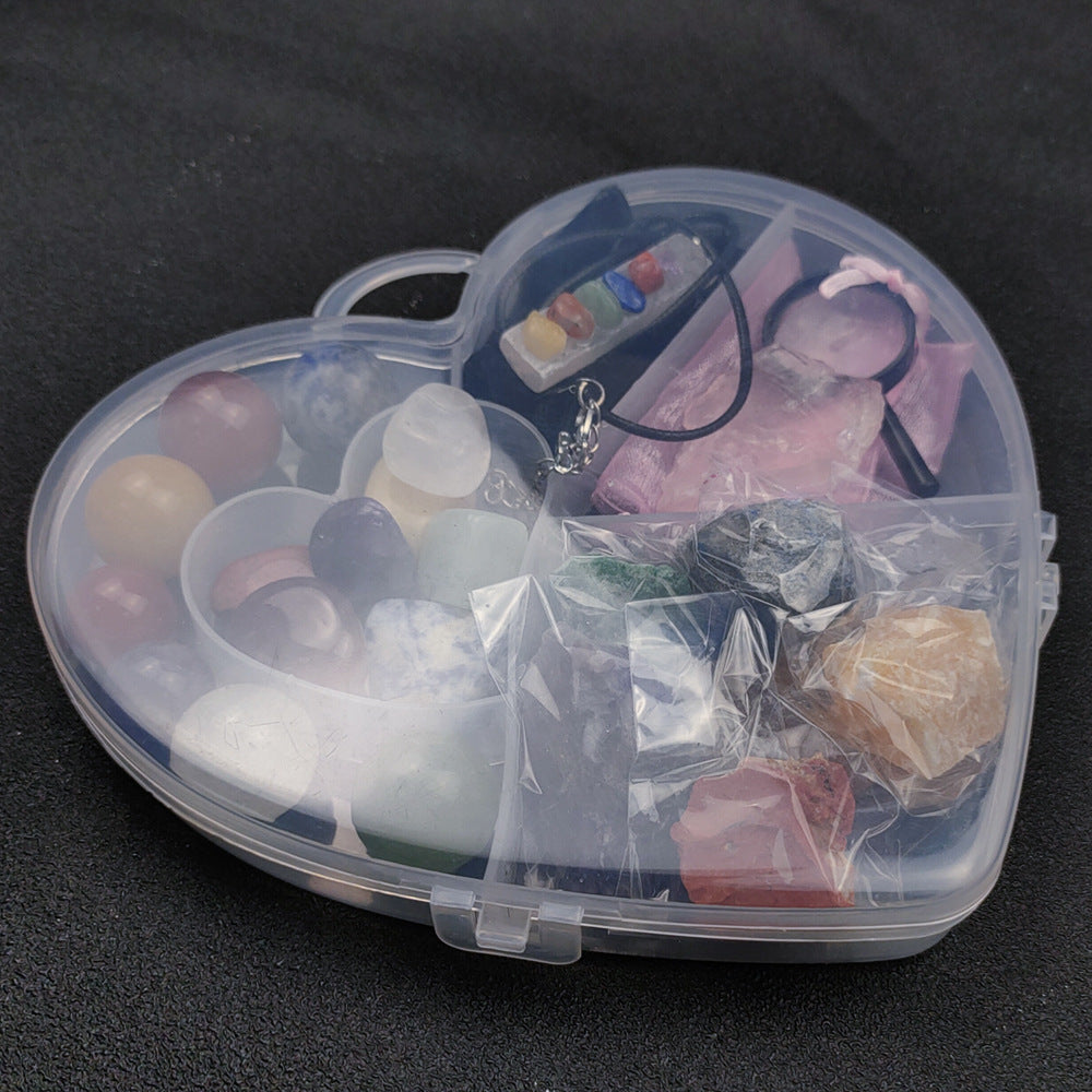 Heart-Shaped Crystal Collection Kit for Healing and Meditation – Assorted Raw and Tumbled Gemstones, Chakra Stones, and Quartz Pendant in a Heart-Shaped Storage Case