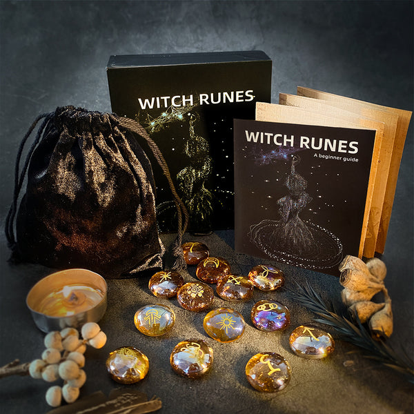 Magical Witch Runes Divination Set with Beginner’s Guide – 13 Glass Stones for Spiritual Guidance and Spell Casting