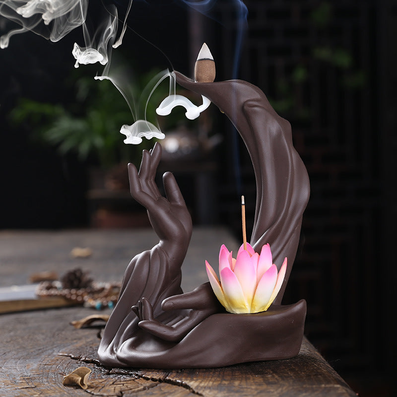 Hand of Serenity Lotus Backflow Incense Burner with LED Light for Tranquility and Meditation