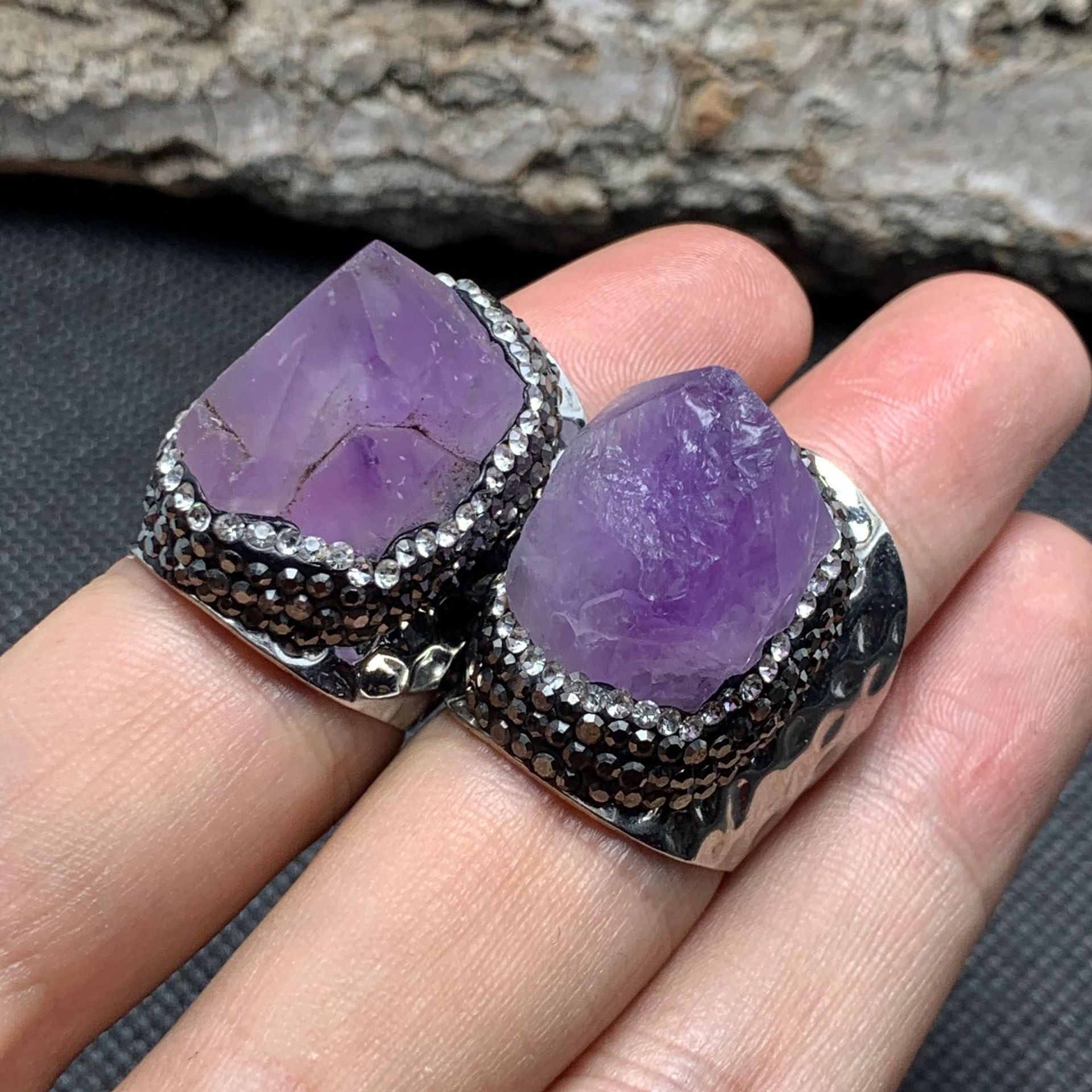 Amethyst Crystal Healing Ring with Silver Accents - Spiritual Energy Jewelry