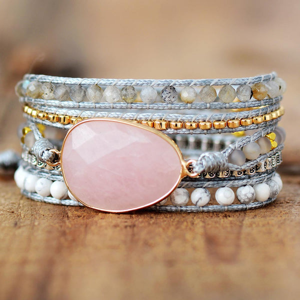 Rose Quartz and Gray Agate Wrap Bracelet for Love, Healing, and Inner Peace