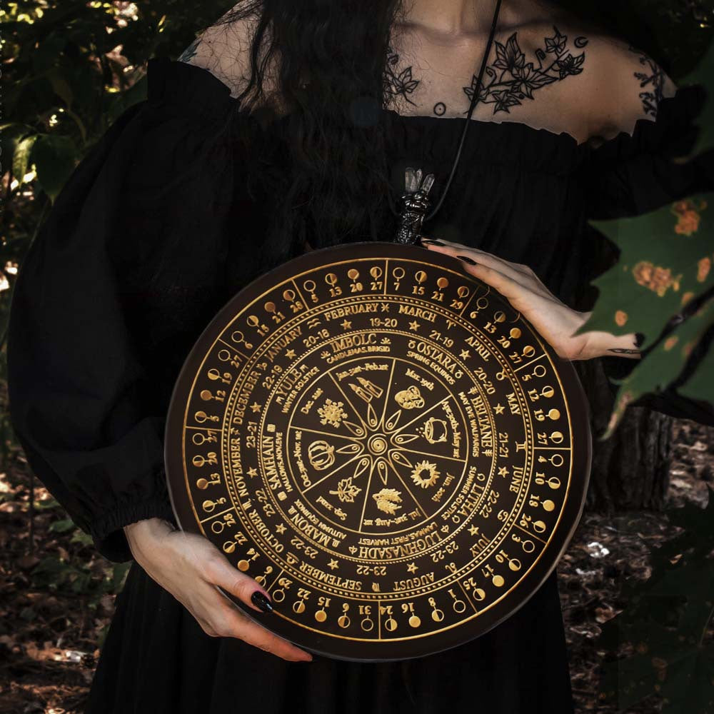 Wiccan Wheel of the Year Ritual Calendar – Handcrafted Sabbat and Lunar Phase Altar Plate for Pagan Celebrations