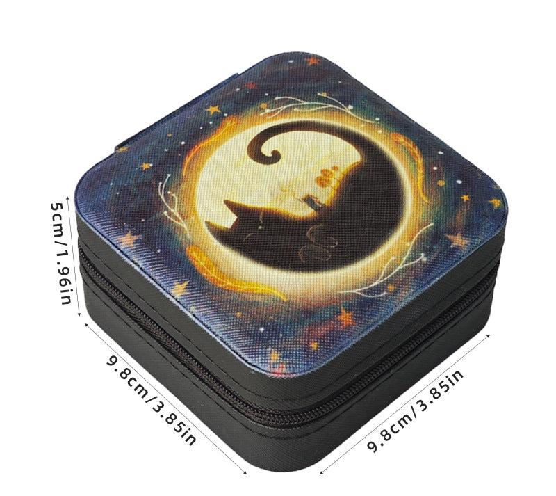 Cat-Themed Jewelry Travel Case with Moon and Stars Design for Crystals and Spiritual Accessories