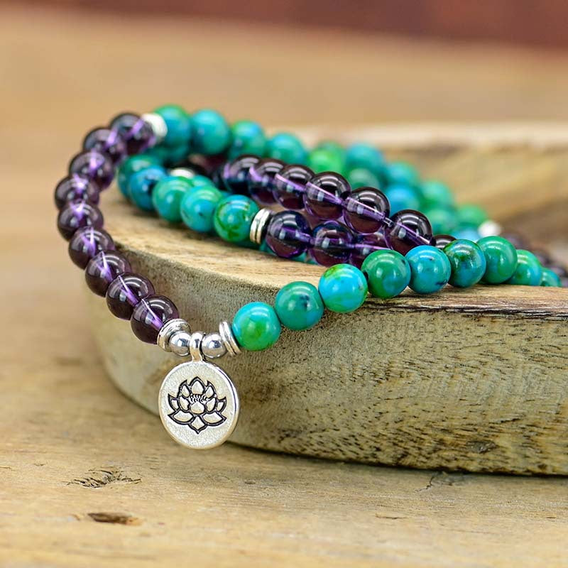 Amethyst and Turquoise Lotus Charm Healing Bead Necklace