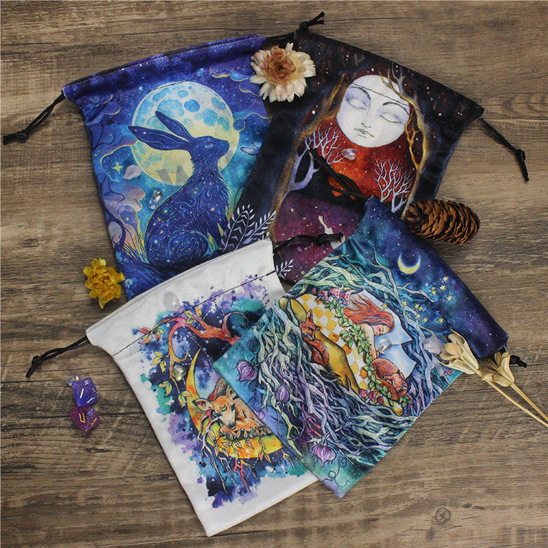 Celestial Night Sky Velvet Tarot Pouch with Vibrant Animal and Nature Art – Spiritual Divination Storage Bag