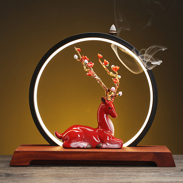 Serene Deer and Blossoms LED Backflow Incense Burner with Circular Lamp – Tranquil Aromatherapy Decor