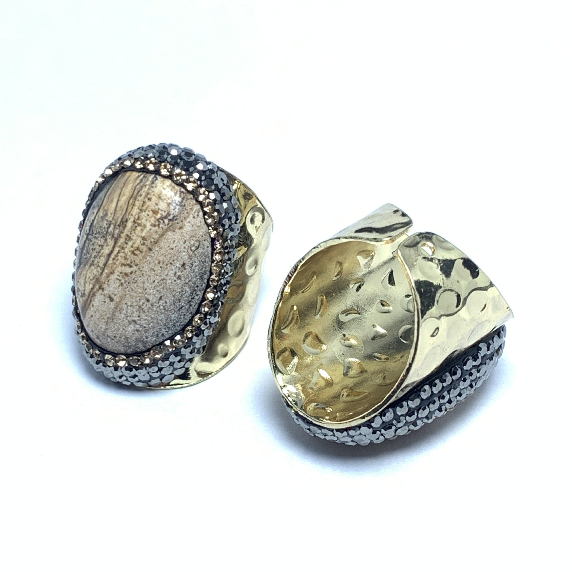 Natural Earth-Toned Jasper Stone Statement Ring with Gold and Black Crystal Accents