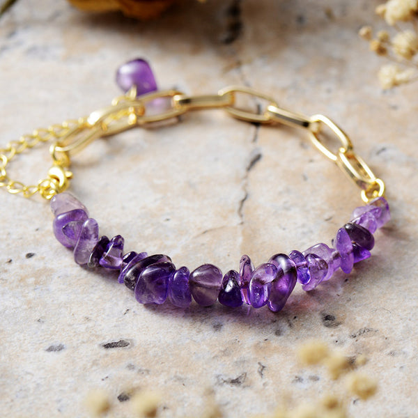 Golden Citrine and Amethyst Gemstone Energy Bracelet with Adjustable Gold Chain