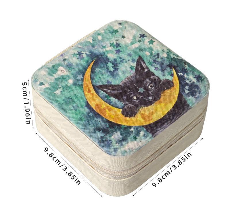 Cat-Themed Jewelry Travel Case with Moon and Stars Design for Crystals and Spiritual Accessories