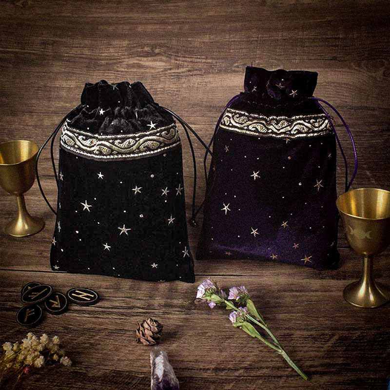 Luxurious Velvet Drawstring Pouch with Starry Sky Embroidery for Tarot, Crystals, and Spiritual Essentials