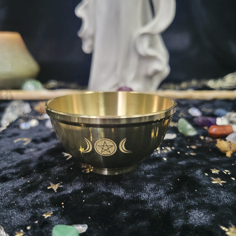 Triple Moon Pentacle Brass Offering Bowl – Sacred Ritual Vessel for Wiccan, Pagan, and Spiritual Practices