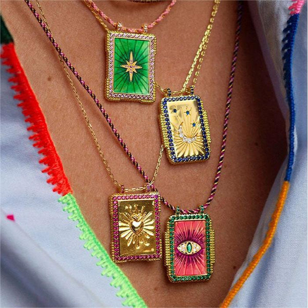 Vibrant Rectangular Celestial Pendant Necklace Collection – Gold-Plated Colorful Charms