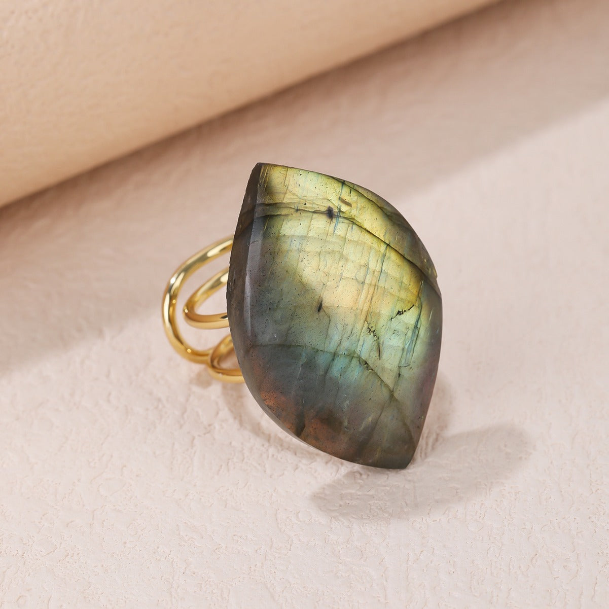 Adjustable Labradorite Crystal Ring with Gold-Plated Band for Intuition Enhancement and Spiritual Protection