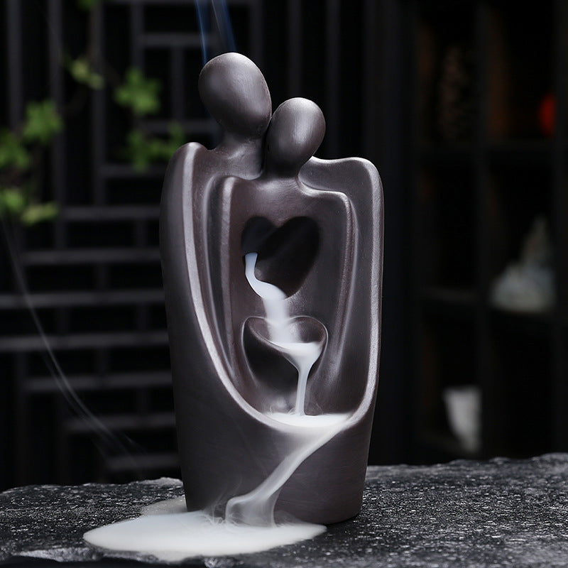 Abstract Embracing Couple Backflow Incense Burner with Heart Smoke Effect for Meditation and Romantic Zen Decor