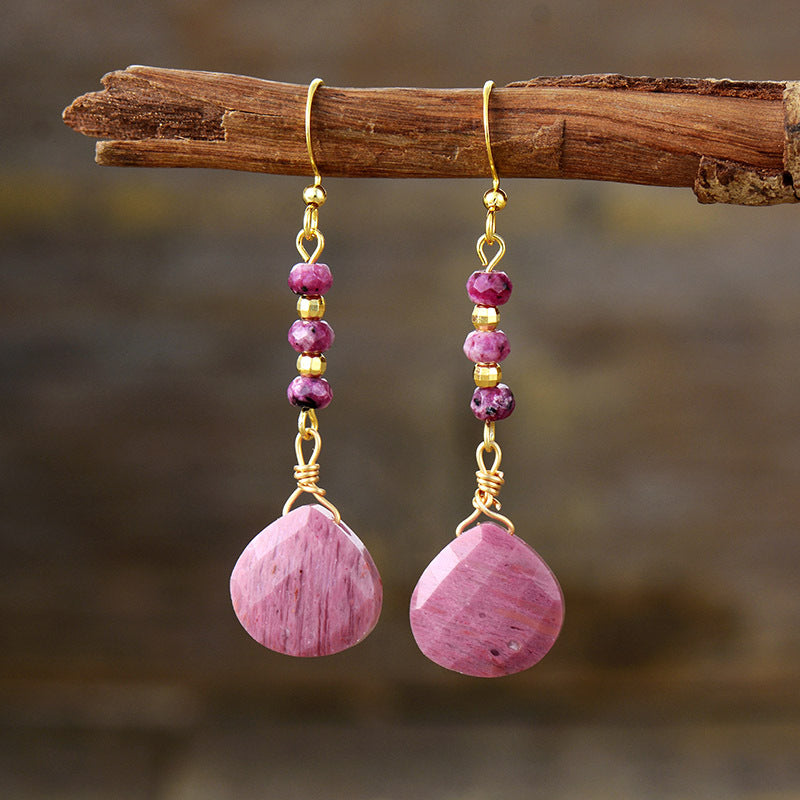 Handcrafted Amethyst and Rhodonite Beaded Drop Earrings with Gold-Plated Hooks for Spiritual Healing and Emotional Balance