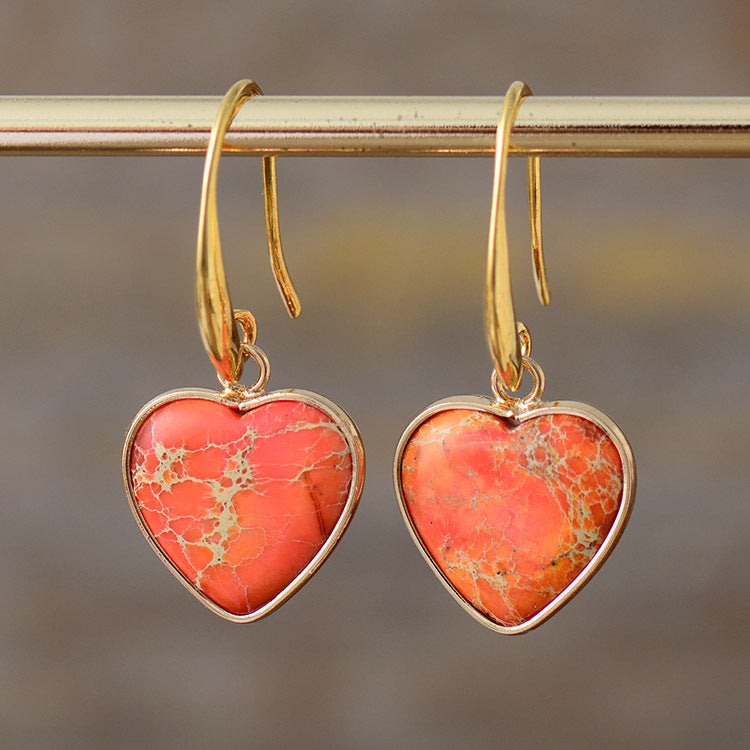 Heart-Shaped Gemstone Drop Earrings with Gold Accents for Spiritual Love and Energy Balancing