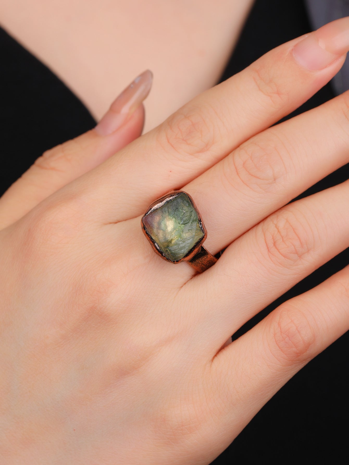 Handcrafted Green Fluorite Healing Ring with Rustic Copper Band for Emotional Balance and Spiritual Clarity