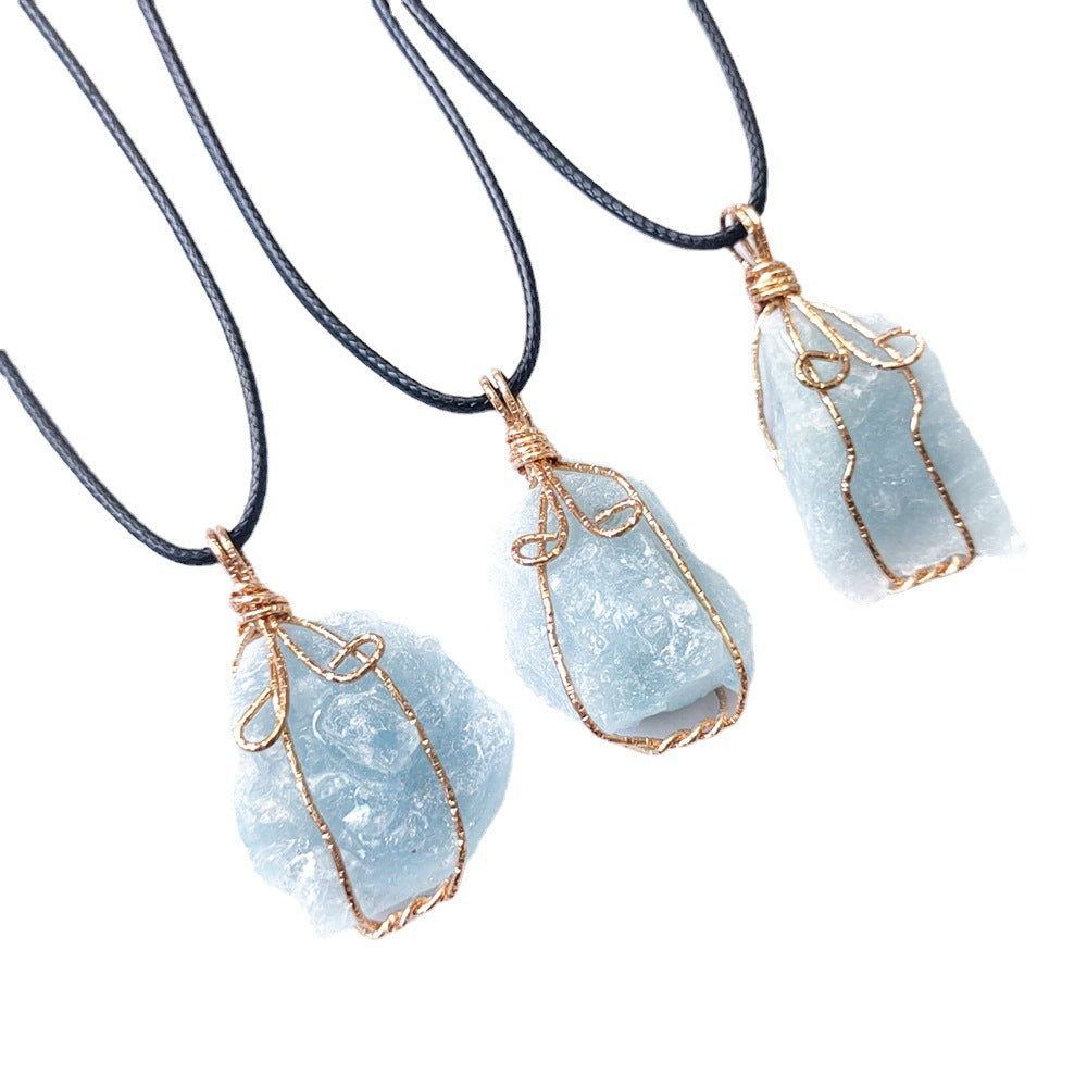 Raw Aquamarine Crystal Necklace with Copper Wire Wrap for Calming Energy and Communication