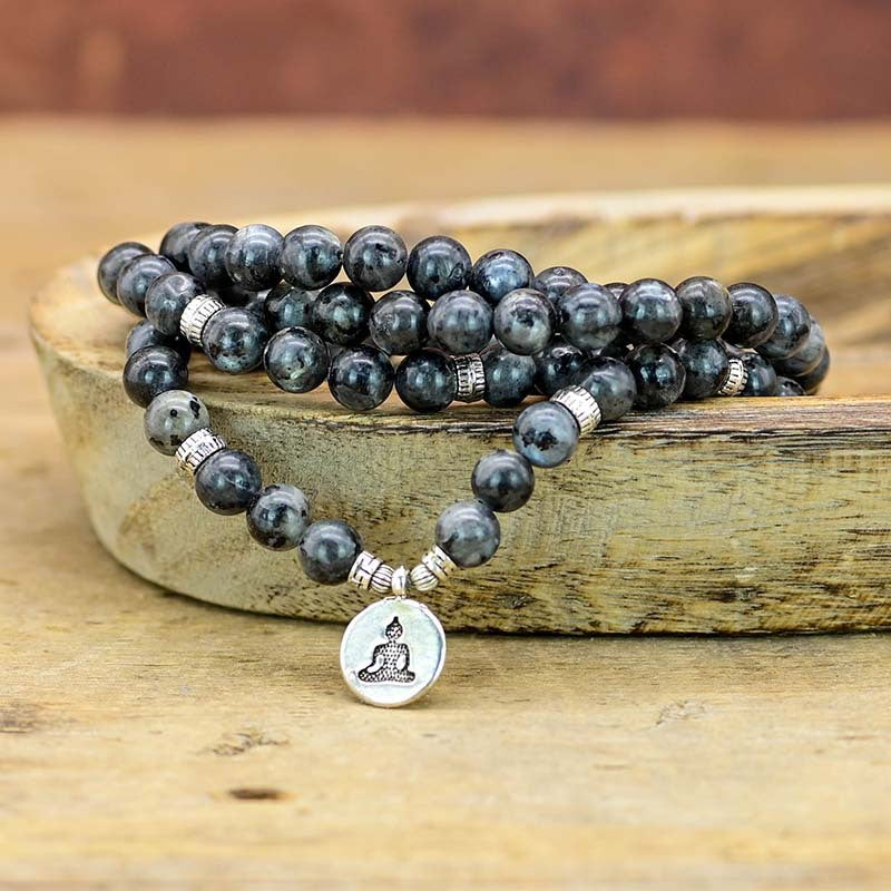 Dalmatian Jasper Mala Beaded Necklace with Buddha Charm for Spiritual Healing and Meditation