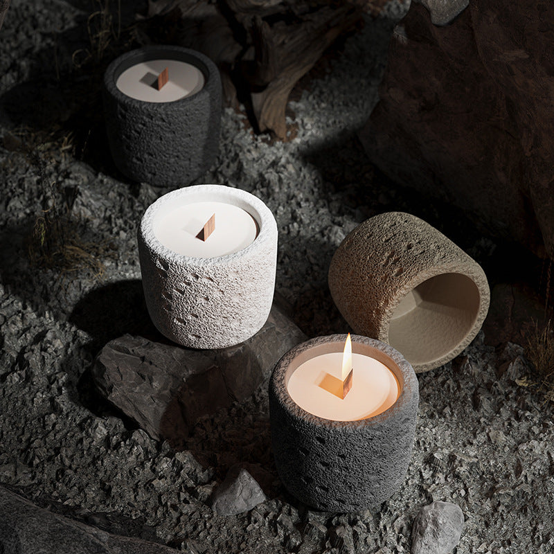 Handcrafted Textured Stone Candle with Natural Wooden Wick for Meditation, Spiritual Healing, and Relaxation Ambiance