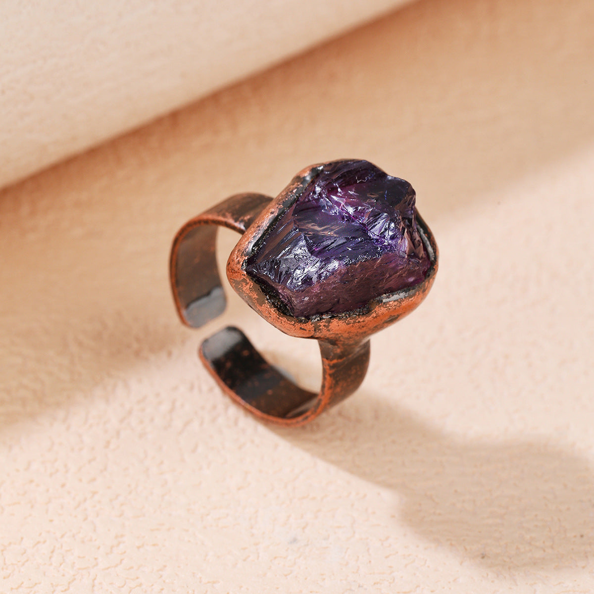 Rustic Amethyst Crystal Ring with Copper Band for Spiritual Healing and Calm Energy