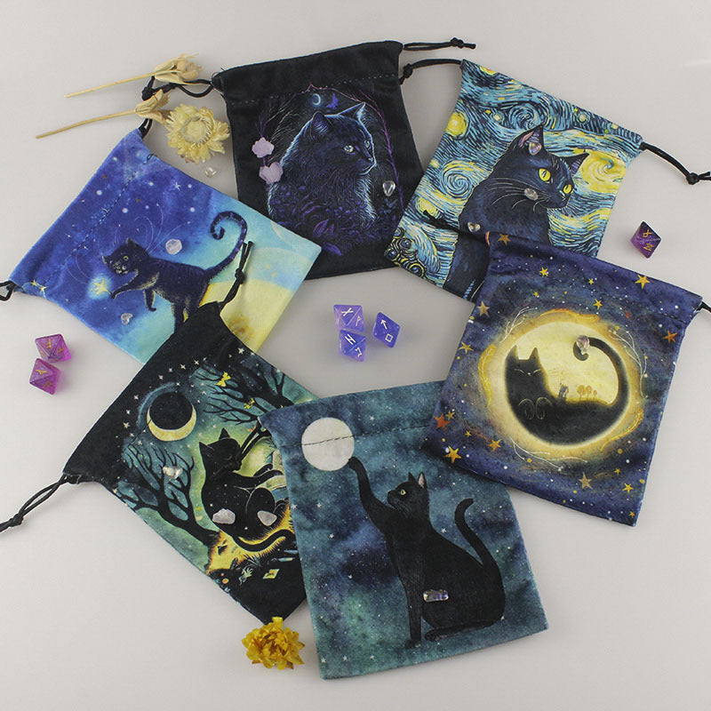 Mystical Black Cat Tarot and Crystal Drawstring Pouch Collection for Spiritual Storage and Protection