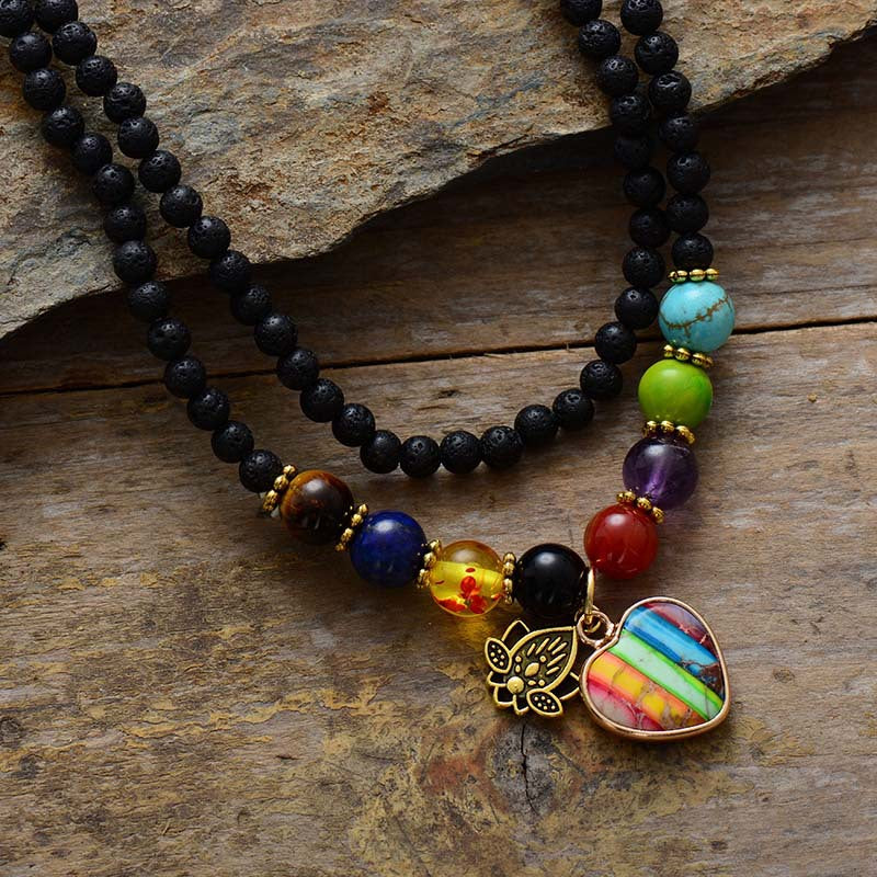 Multicolor Chakra Heart Pendant Necklace for Energy Healing and Balance