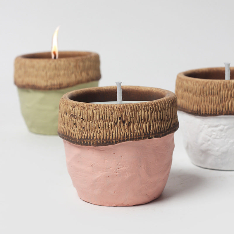 Handcrafted Rustic Ceramic Candle with Woven Rim – Earthy Green, Pink, Deep Black, and Neutral Shades for Tranquil Spiritual Ambiance