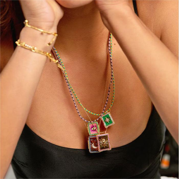 Vibrant Rectangular Celestial Pendant Necklace Collection – Gold-Plated Colorful Charms