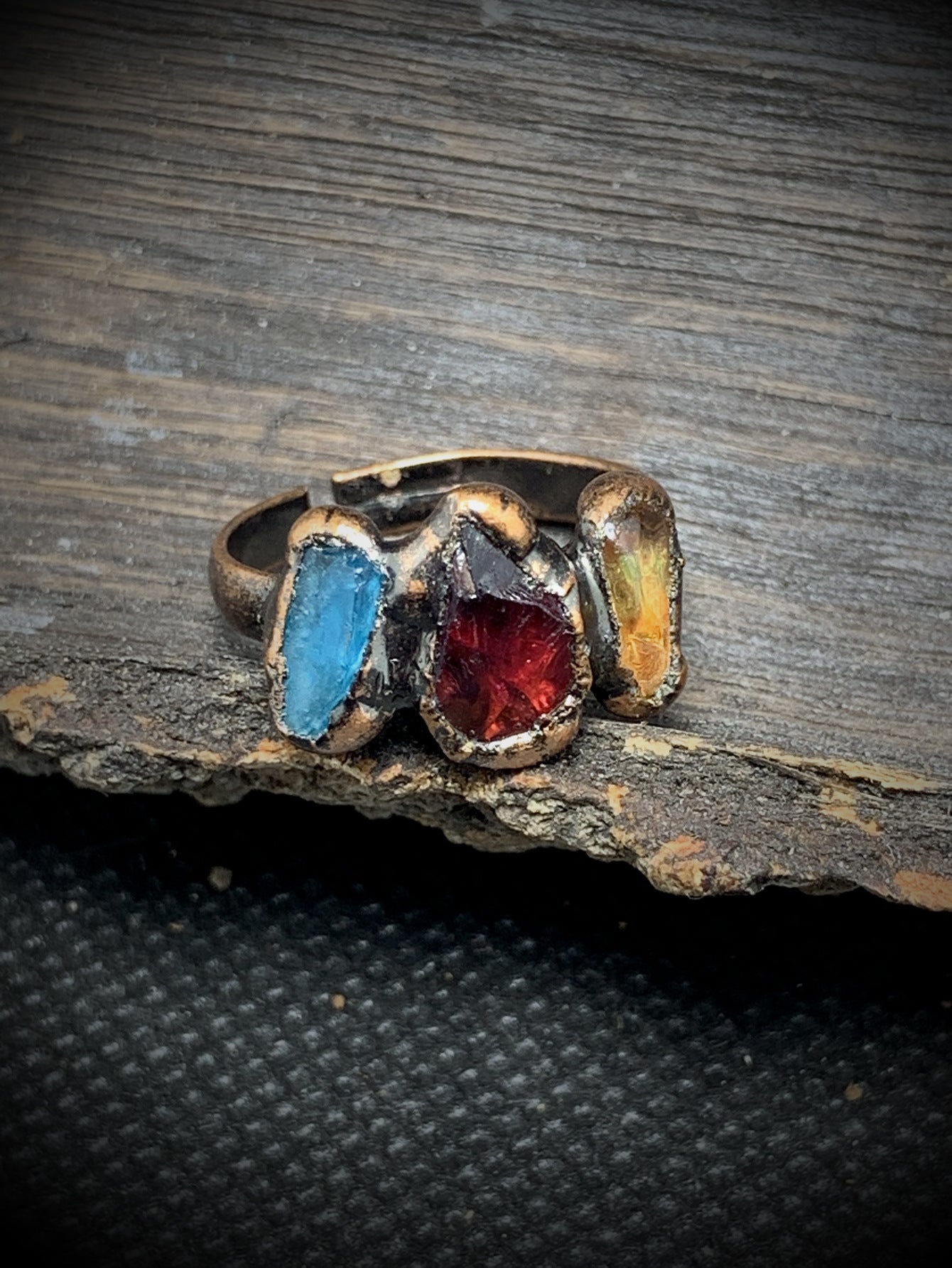 Handcrafted Dual-Stone Garnet and Aquamarine Ring with Rustic Copper Finish for Passion and Clarity