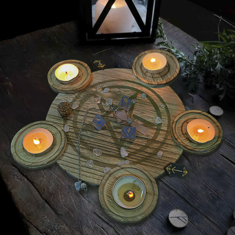 Handcrafted Wooden Pentacle Candle Holder and Crystal Grid Set for Rituals, Meditation, and Spiritual Healing