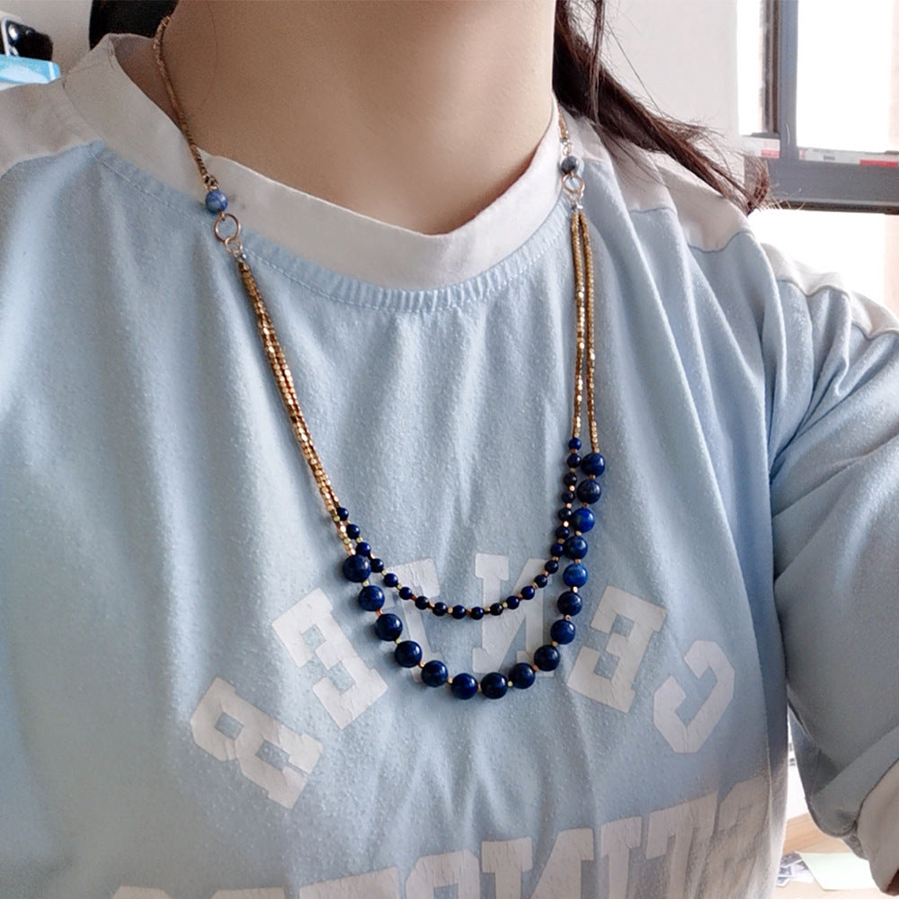 Double-Layered Lapis Lazuli Necklace with Gold Beads for Spiritual Protection and Inner Peace