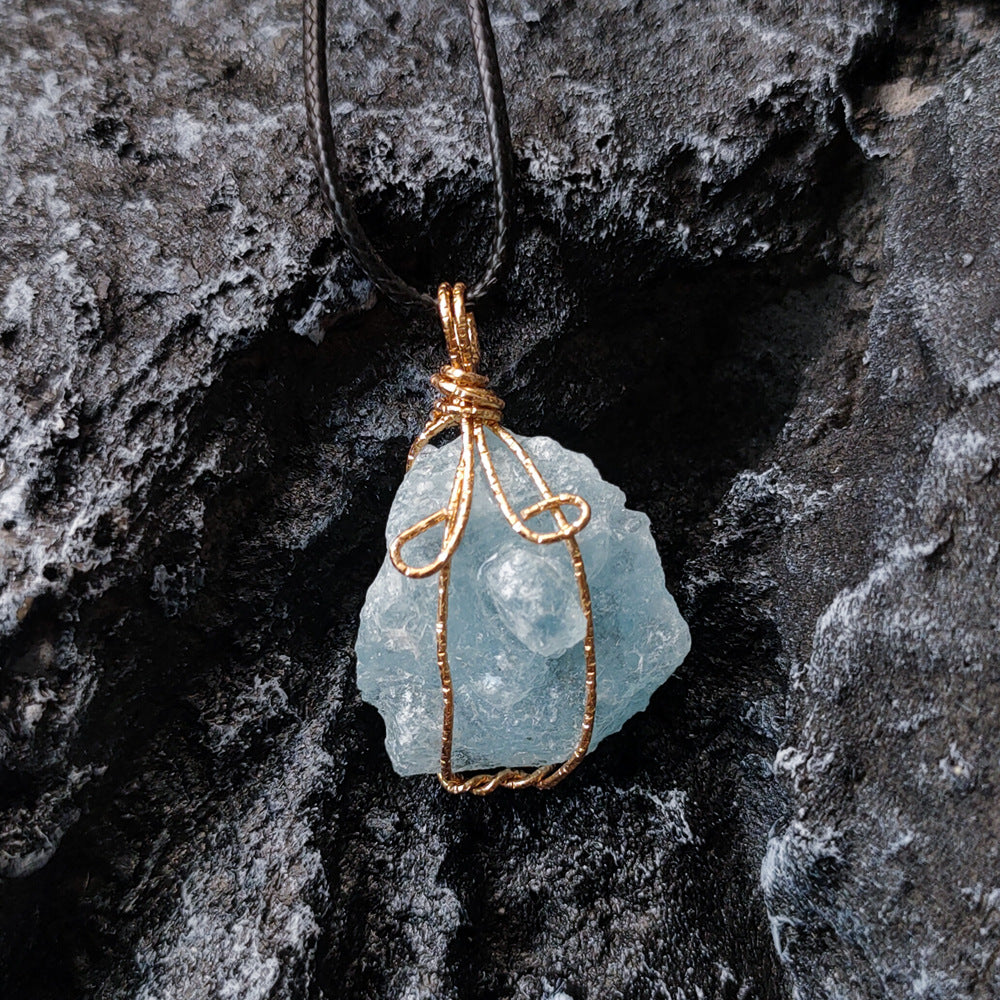 Raw Aquamarine Crystal Necklace with Copper Wire Wrap for Calming Energy and Communication