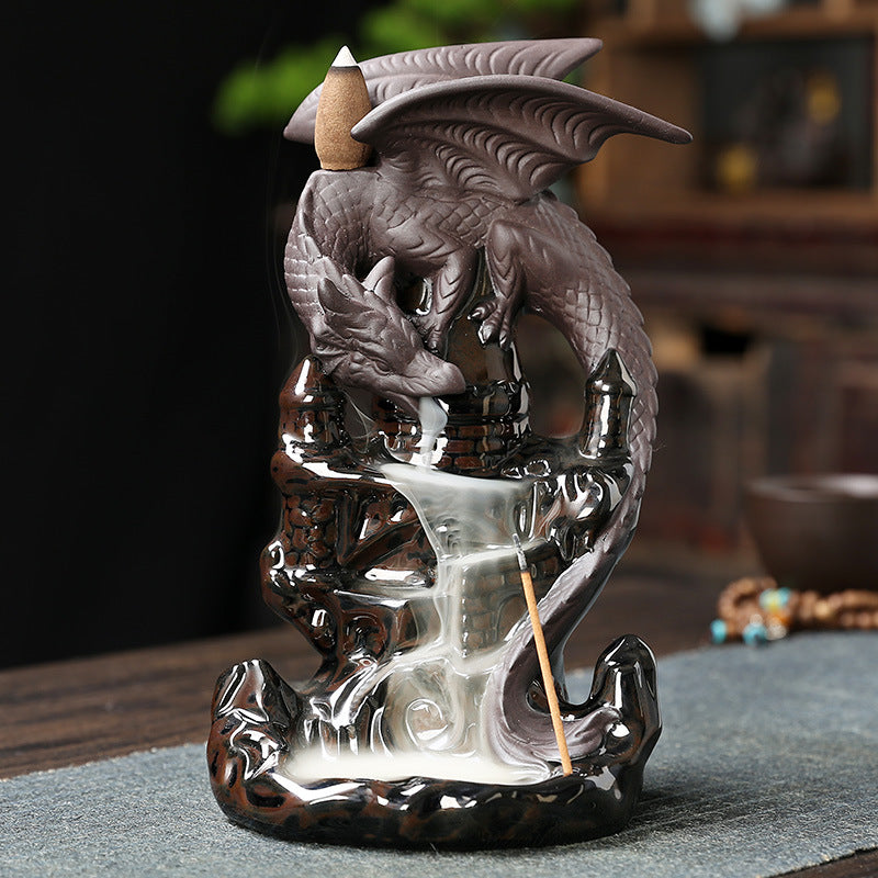 Dragon Perched on Castle Backflow Incense Burner – Mystical Aromatherapy for Spiritual Protection and Meditation