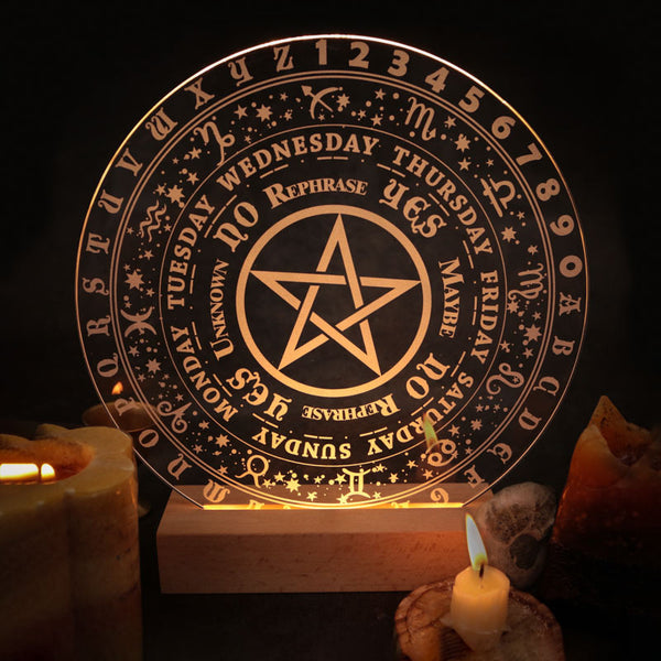 Mystical Illuminated Spirit Board with Pentagram Design – LED Crystal Divination Tool for Spiritual Guidance and Decorative Ambiance