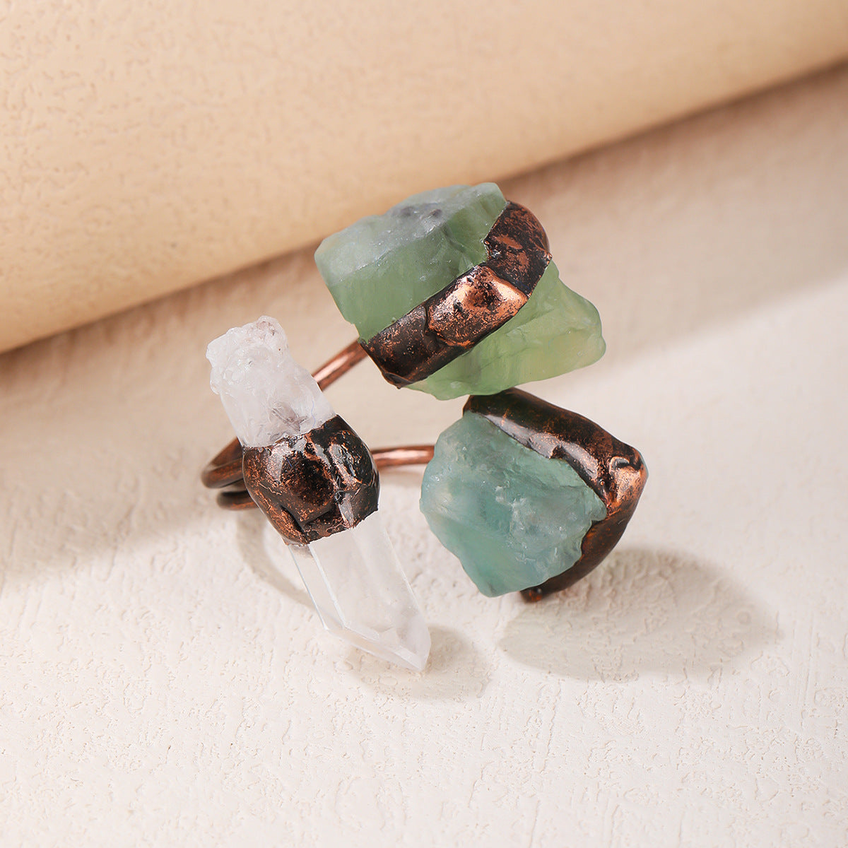 Triple Stone Raw Crystal Rings with Green Fluorite, Orange Citrine, and Clear Quartz for Healing, Clarity, and Energy Amplification