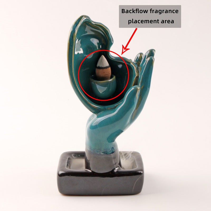 Teal and Black Backflow Incense Burner with Hand and Face Design – Spiritual Aromatherapy and Meditation Deco