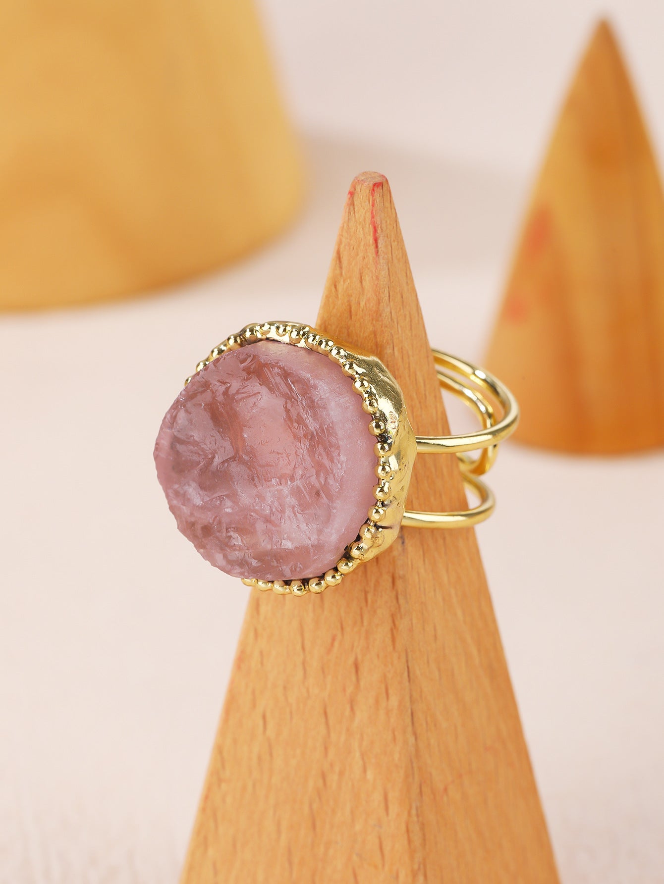 Adjustable Rose Quartz Healing Ring with Gold-Plated Band for Love and Emotional Harmony