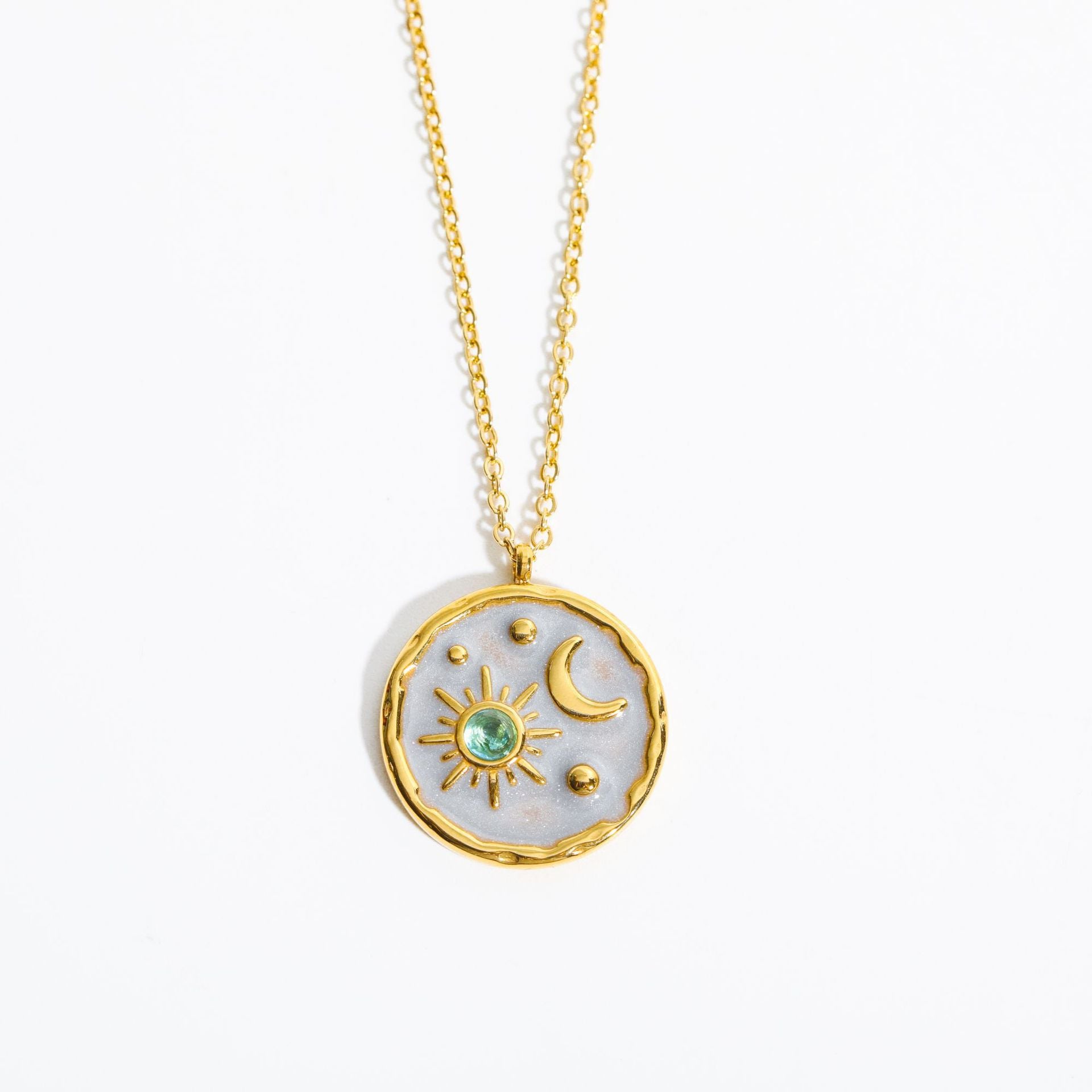 Sun and Moon Celestial Necklace Collection – Gold-Plated Cosmic Pendant with Gemstone Accent