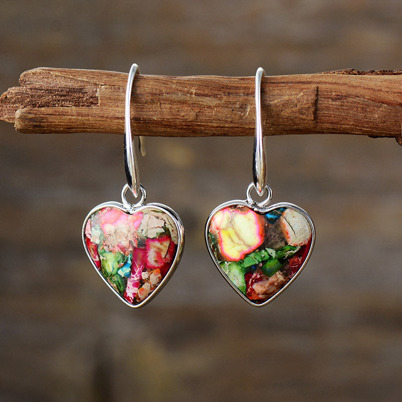 Vibrant Heart-Shaped Gemstone Earrings with Silver and Gold Accents for Emotional Healing and Energy Balance