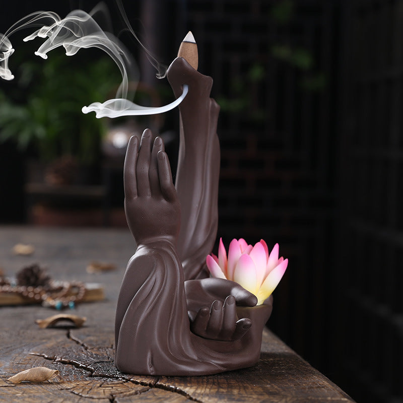 Hand of Serenity Lotus Backflow Incense Burner with LED Light for Tranquility and Meditation