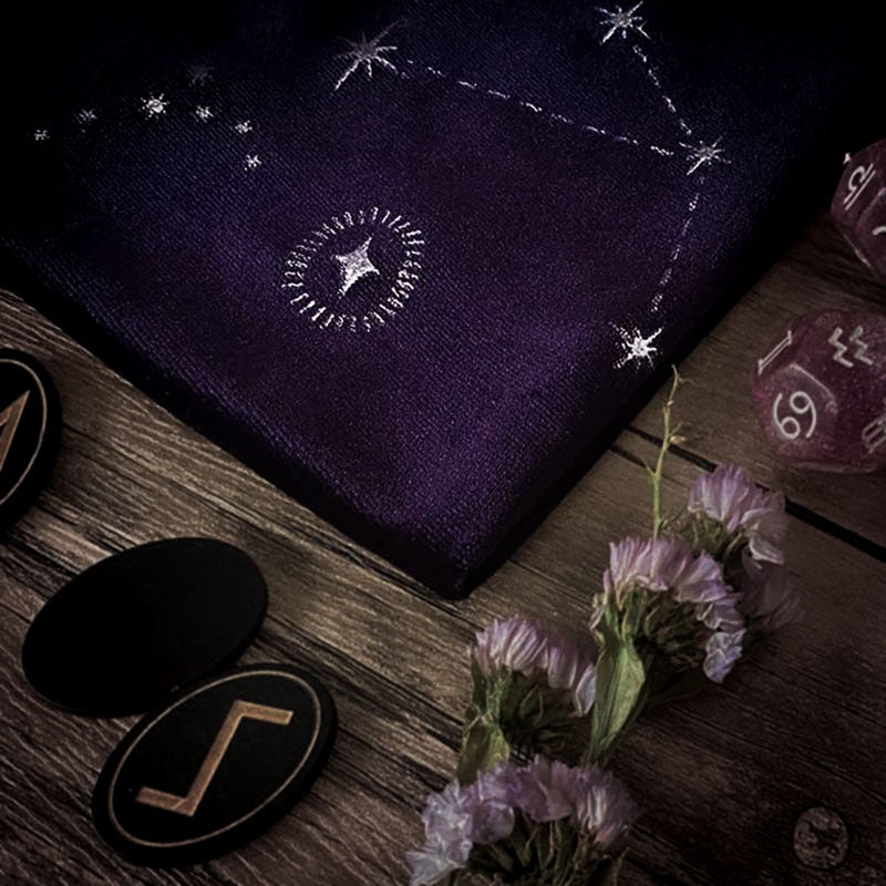 Celestial Velvet Drawstring Bag for Tarot Cards, Crystals, and Spiritual Essentials - Constellation Embroidery in Deep Purple