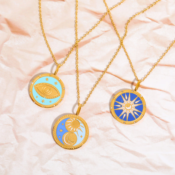 Golden Celestial Pendant Necklace Collection – Sun, Moon, and Evil Eye Designs