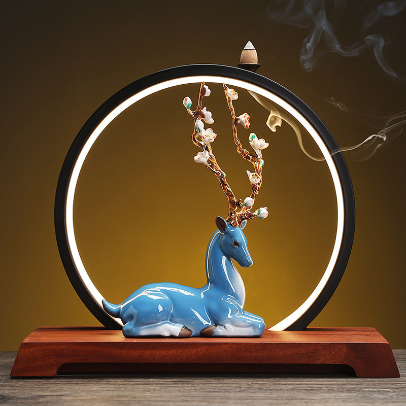 Serene Deer and Blossoms LED Backflow Incense Burner with Circular Lamp – Tranquil Aromatherapy Decor