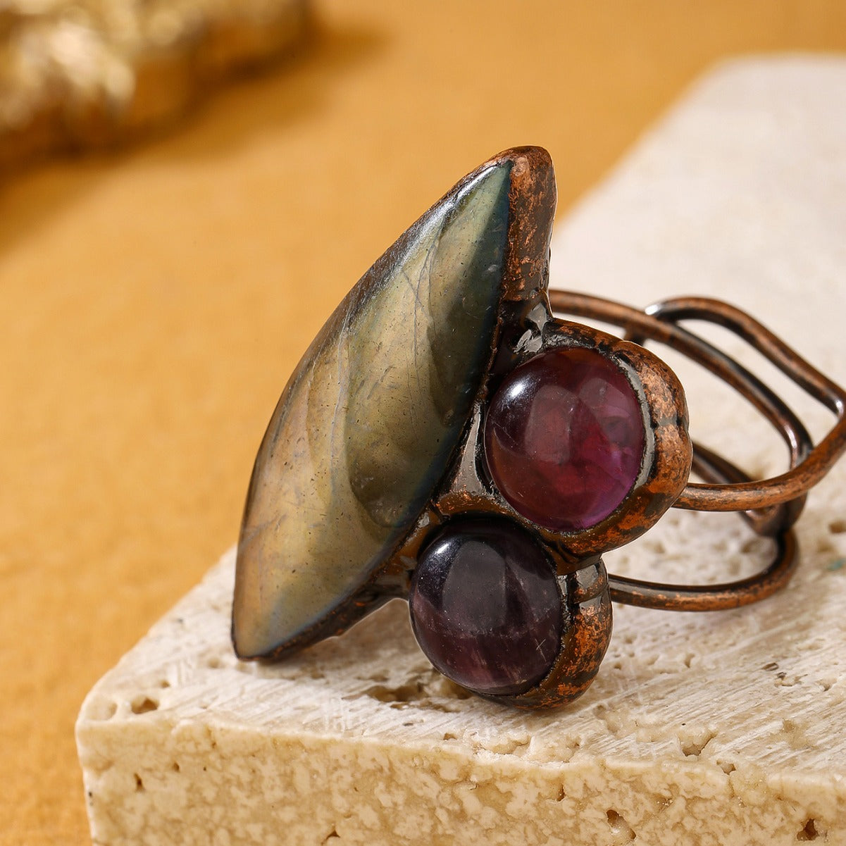 Triple Stone Labradorite and Amethyst Crystal Ring with Rustic Copper Band for Intuition, Protection, and Spiritual Harmony